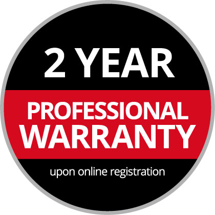 Round Warranty Logo with the text "2-Year Professional Warranty, upon Online Registration" on a black and red background.