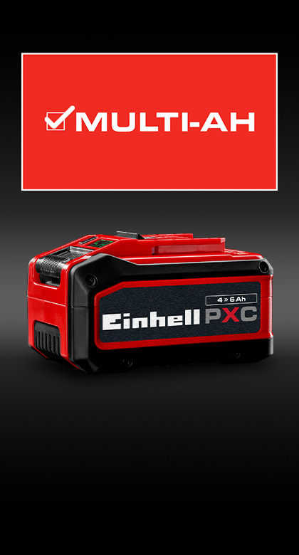 Einhell Power X-Change battery with 4–6 Ah capacity on red background, above it the “MULTI-AH” logo.
