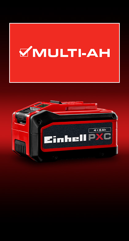 Einhell Power X-Change battery with 4–6 Ah capacity on red background, above it the “MULTI-AH” logo.