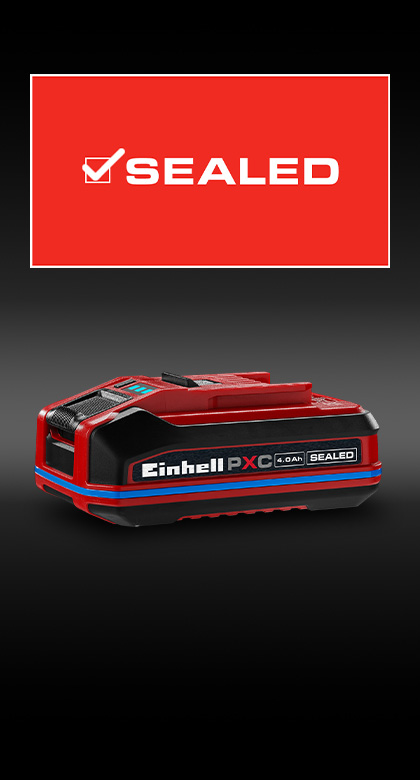 Einhell Power X-Change battery with 4.0 Ah and “SEALED” label on red background, showing a blue seal on the casing.